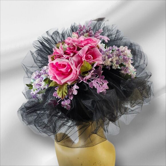Vintage Mme. Poswolsky NY Black Tulle Derby Hat Roses & Rhinestones 1950s RARE main image 13